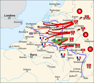 Mapa com a disposição das forças aliadas e alemãs no início da invasão da França.